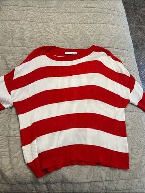 Mango Red and White Ribbed Knit Top